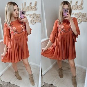 Umgee rustic western bohemian orange embroidered floral Flowy smock dress small